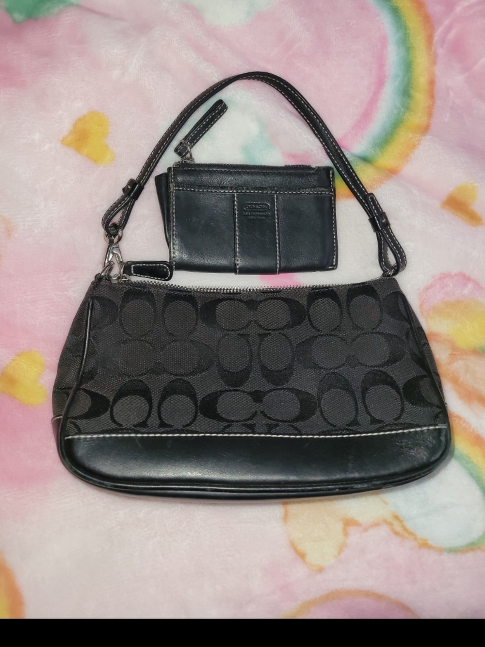 Coach Black Signature DEMI Canvas Shoulder Bag with Matching Card Case
